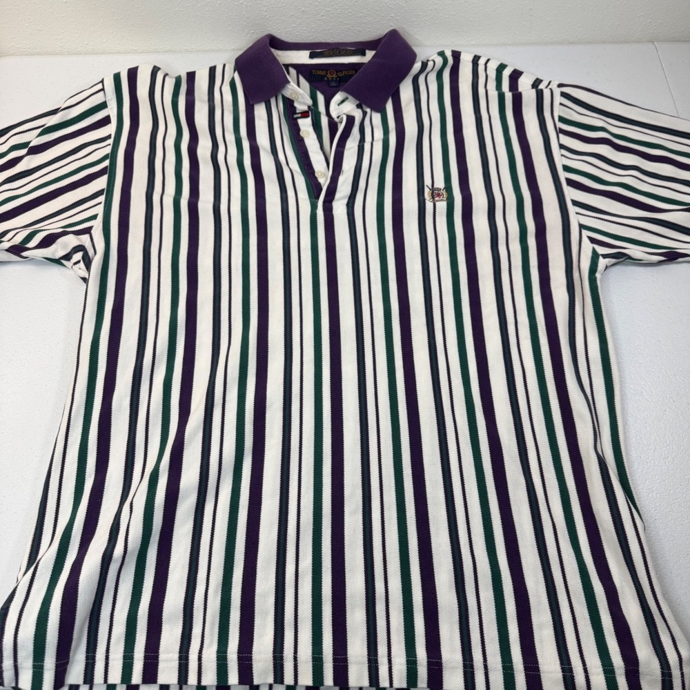Vtg Tommy Hilfiger Golf Mens Striped Polo Shirt‎ Purple Green White Size L